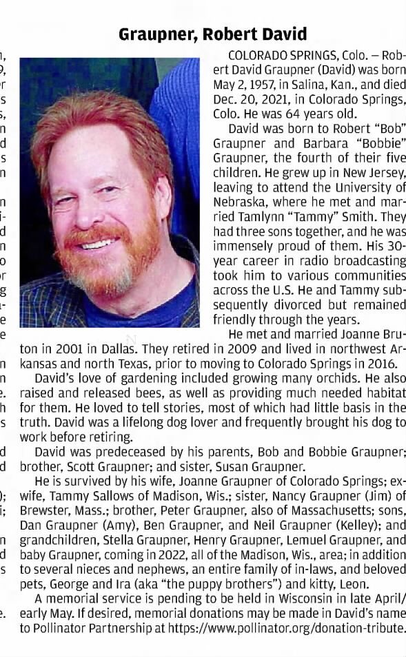 Obituary for Robert David Graupner, 1957-2021 (Aged 64)